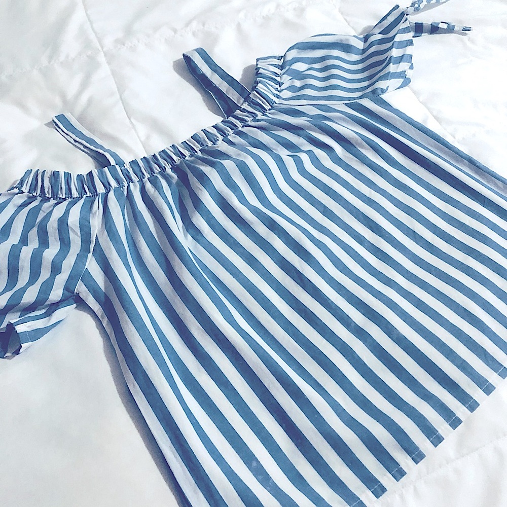 Blue and white over the shoulder shirt for girls